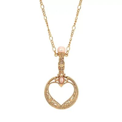 1928 Gold Tone Pink Pearl Magnifying Glass Necklace, Women's, Yellow