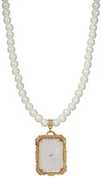 1928 Gold Tone Simulated Pearl & Crystal Frosted Glass Square Pendant Necklace, Women's, White