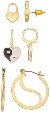 SO Gold Tone Yin Yang Heart Earring Set of 3, Women's