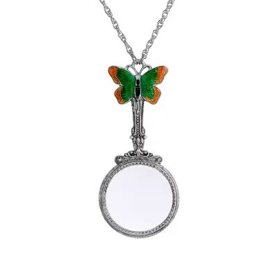1928 Silver Tone Enameled Butterfly Magnifying Glass Necklace, Women's, Multicolor