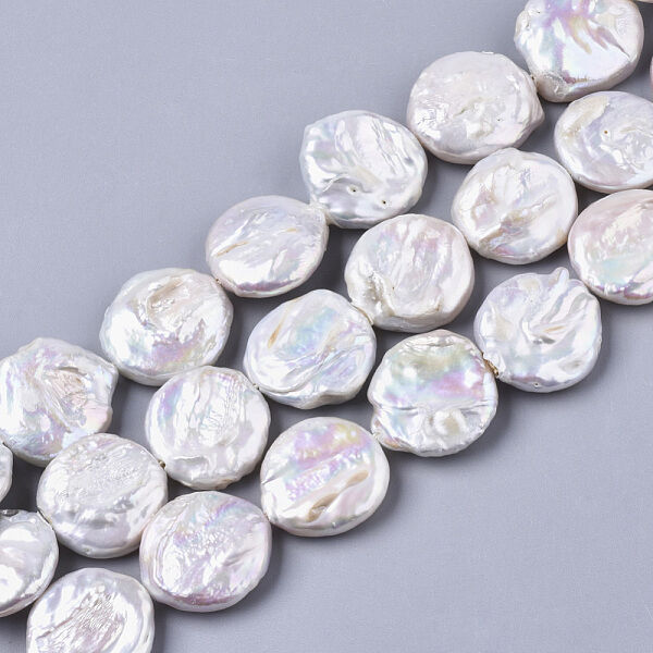 Large Coin Pearl Beads, Natural Baroque Pearl Keshi Pearl Beads Strands, Cultured Freshwater Pearl, Flat Round, Seashell Color, 17~19x5~9mm, Hole: 0.8mm, about 20~22pcs/Strand, 16.54 inch(42cm) - Beadpark.com