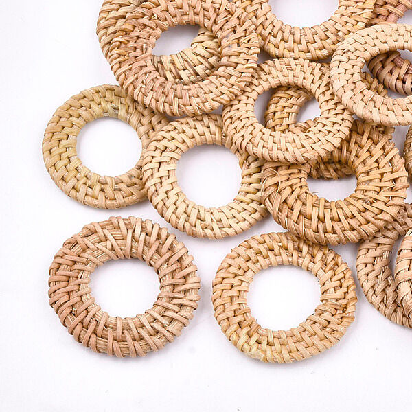 Handmade Reed Cane/Rattan Woven Linking Rings, For Making Straw Earrings and Necklaces,  Ring, BurlyWood, 37~43x4~5mm, Inner Diameter: 19~24mm - Beadpark.com