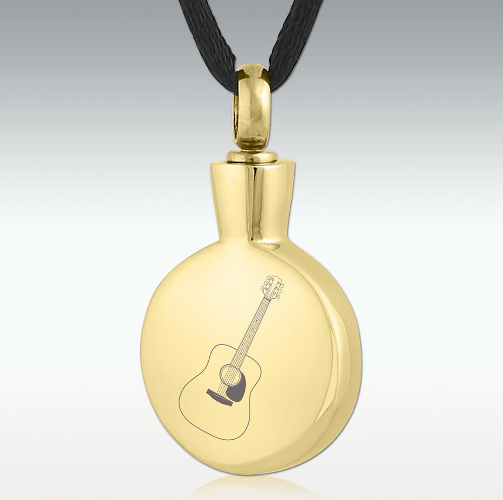 Perfect Memorials Gold Acoustic Guitar Round Stainless Steel Cremation Jewelry