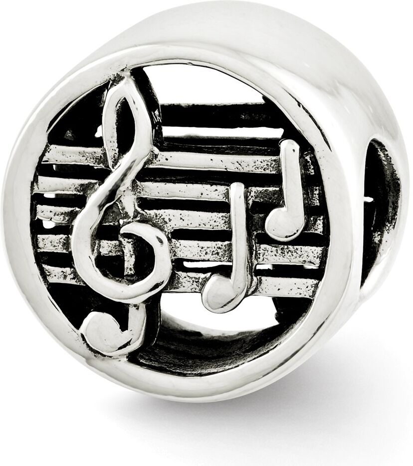 The Black Bow Music Notes and Staff Cylinder Bead Charm in Antiqued Sterling Silver