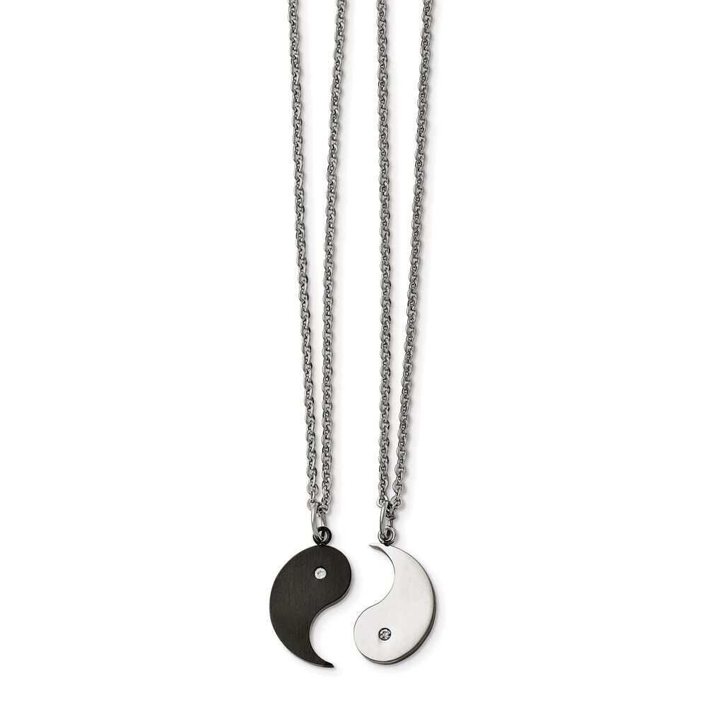 The Black Bow Black Plated Stainless Steel Yin Yang Necklace Set w CZ, 20 Inch