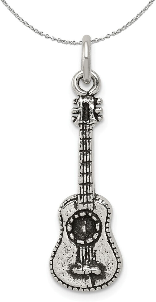 The Black Bow Sterling Silver 3D Antiqued Acoustic Guitar Necklace - 24 Inch