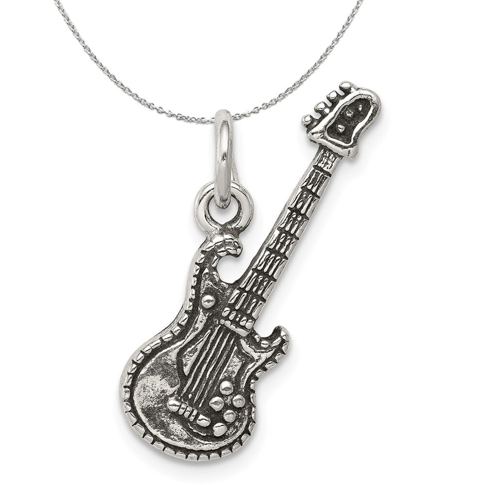The Black Bow Sterling Silver 3D Antiqued Electric Guitar Necklace - 24 Inch