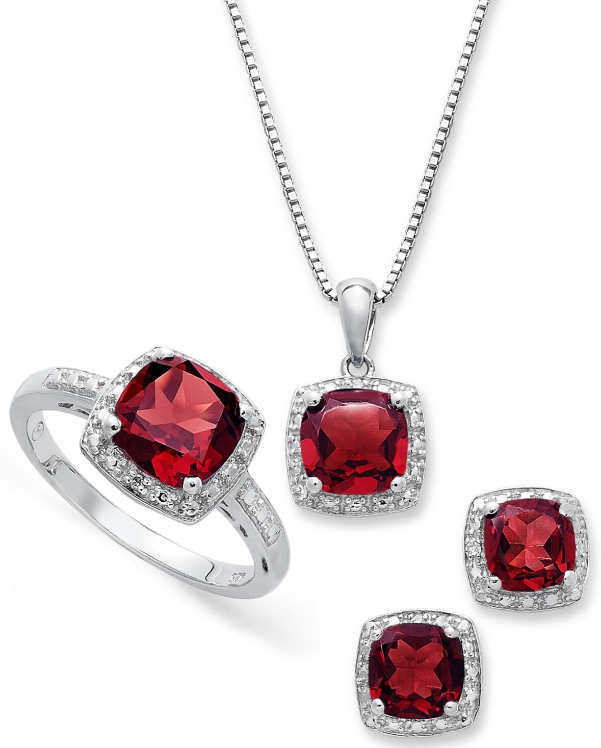 Macy's Sterling Silver Jewelry Set, Garnet (4-3/4 ct. t.w.) and Diamond Accent Necklace, Earrings and Ring Set - Garnet