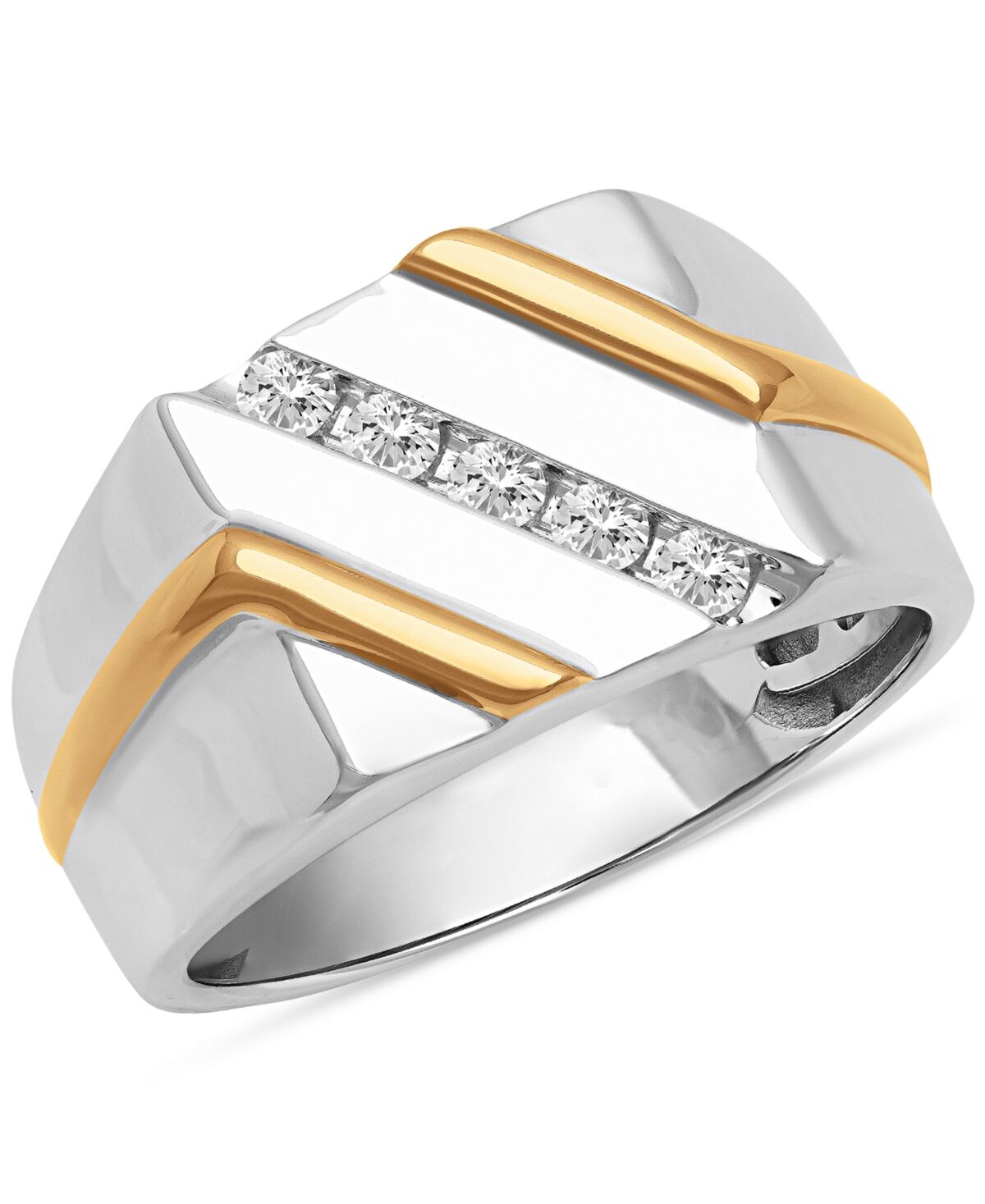 Macy's Men's Diamond Diagonal Ring (1/4 ct. t.w.) in Sterling Silver & 18k Gold-Plate - Silver
