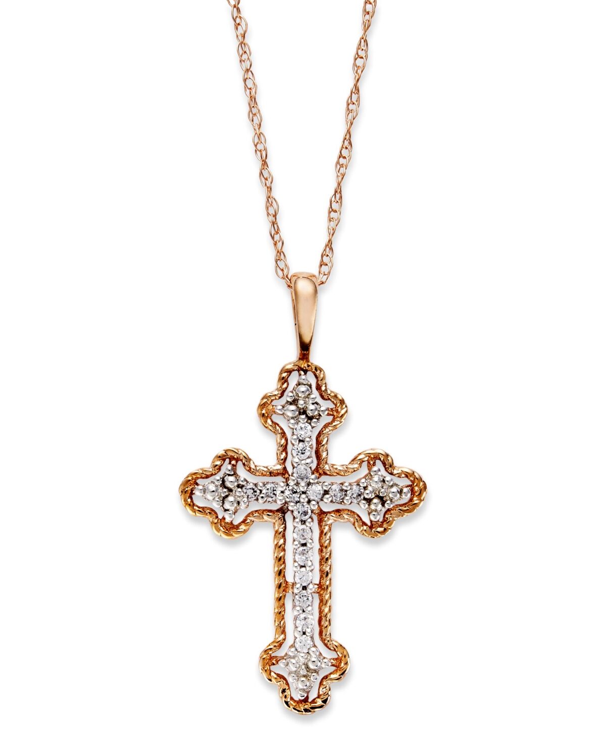 Macy's Diamond Antique Cross Pendant Necklace in 14k White, Yellow, or Rose Gold (1/10 ct. t.w) - Rose Gold