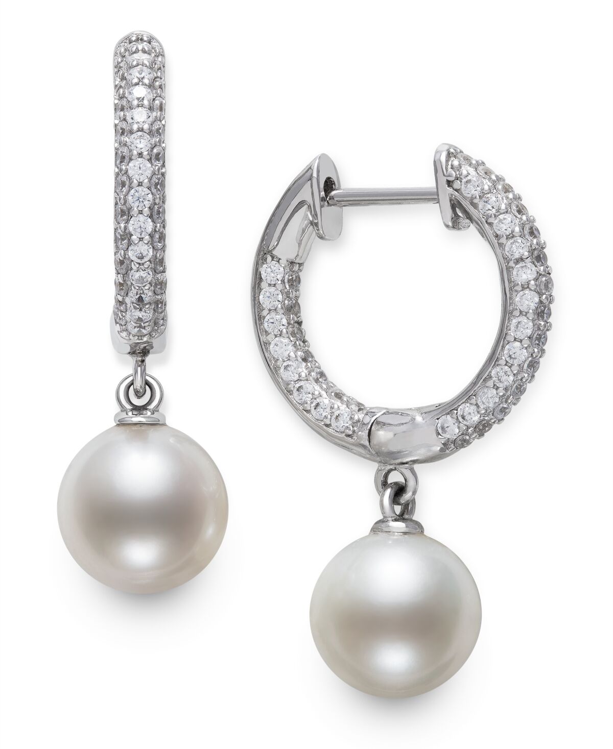 Belle de Mer Cultured Freshwater Pearl (7mm) & Cubic Zirconia Dangle Huggie Hoop Earrings in Sterling Silver, Created for Macy's - Sterling Silver
