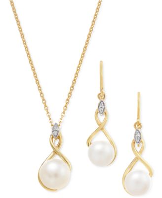 Macy's Cultured Freshwater Pearl Cubic Zirconia Jewelry Set In 14k Two Tone Gold Plated Sterling Silver