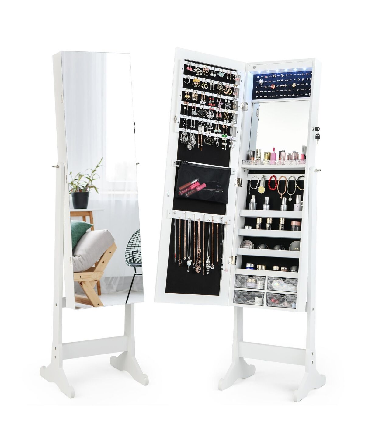 Costway Jewelry Cabinet Armoire Full Length Frameless Mirror Lockable with Lights - White