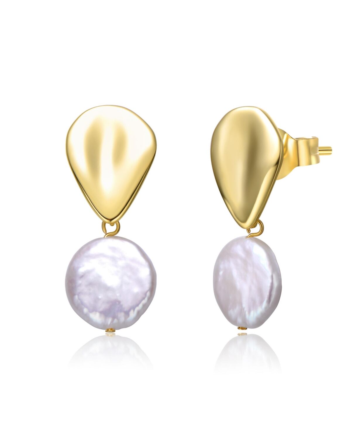 Genevive Sterling Silver 14k Yellow Gold Plated with White Coin Freshwater Pearl Raindrop Double Dangle Drop Earrings - Gold