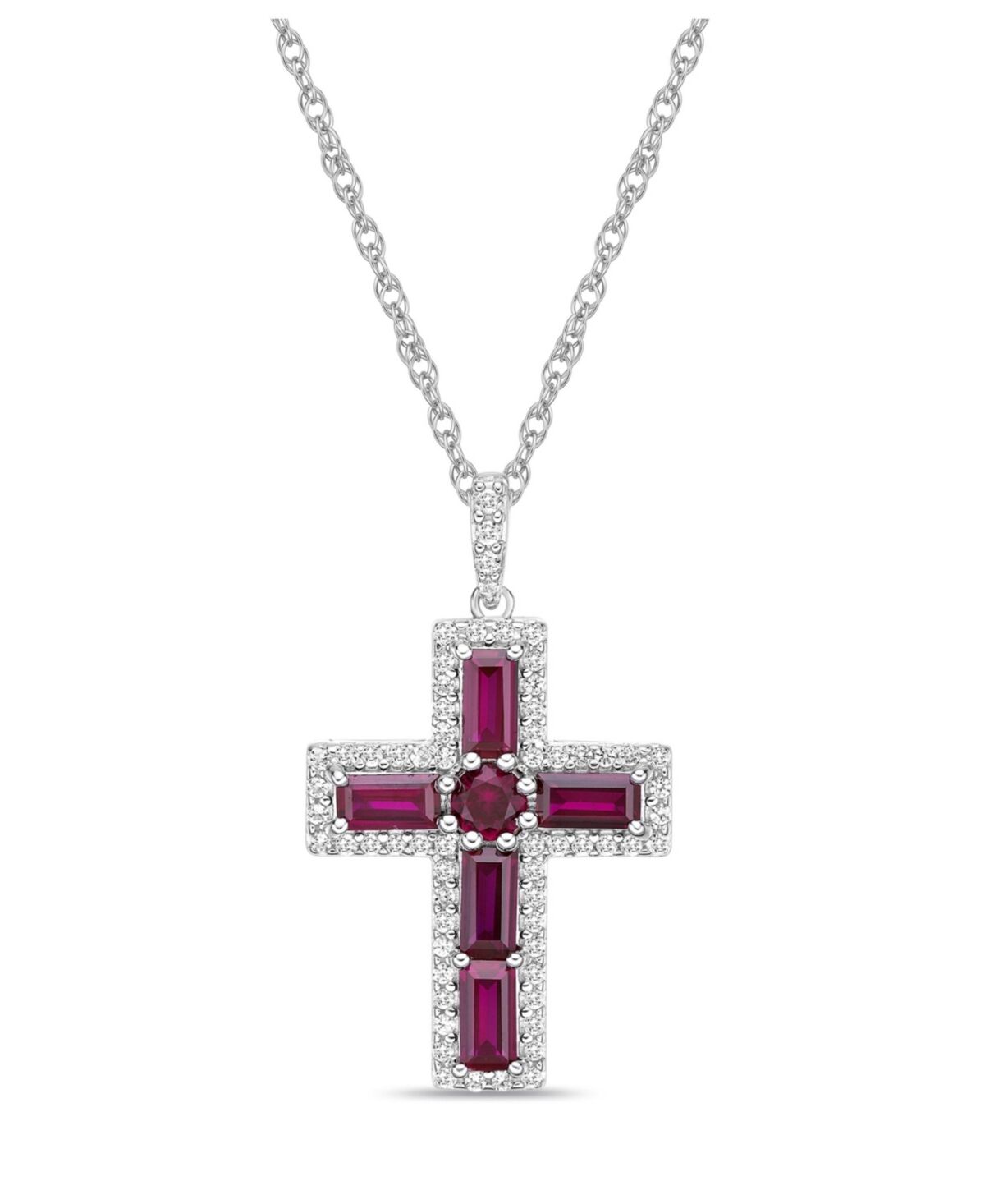 Macy's Sterling Silver Halo Birthstone Style Created Ruby and Created White Sapphire Fancy Cut Cross Pendant Necklace - Ruby