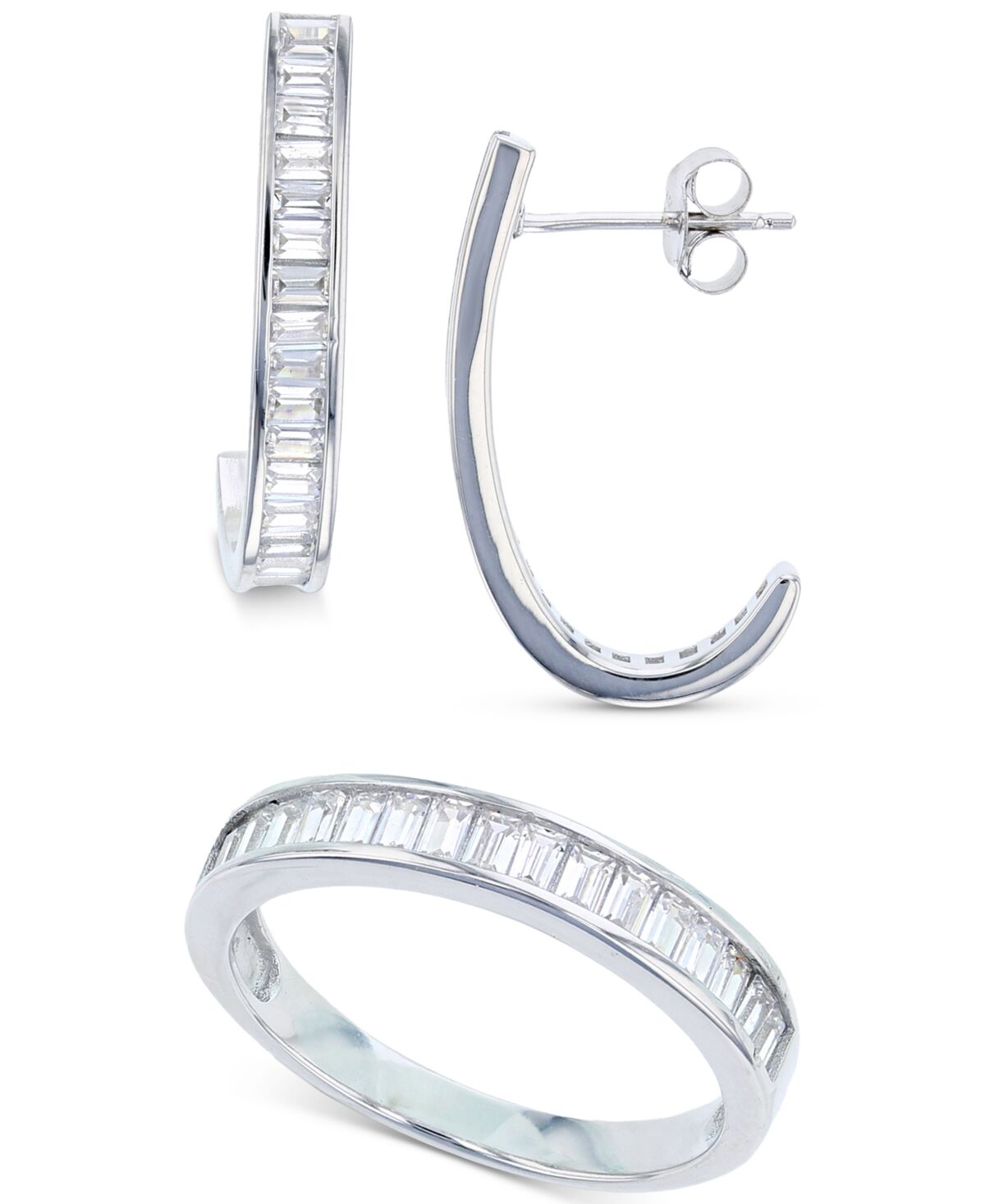 Macy's 2-Pc Set Cubic Zirconia Baguette Ring & Matching J-Hoop Earrings in Sterling Silver - Sterling Silver