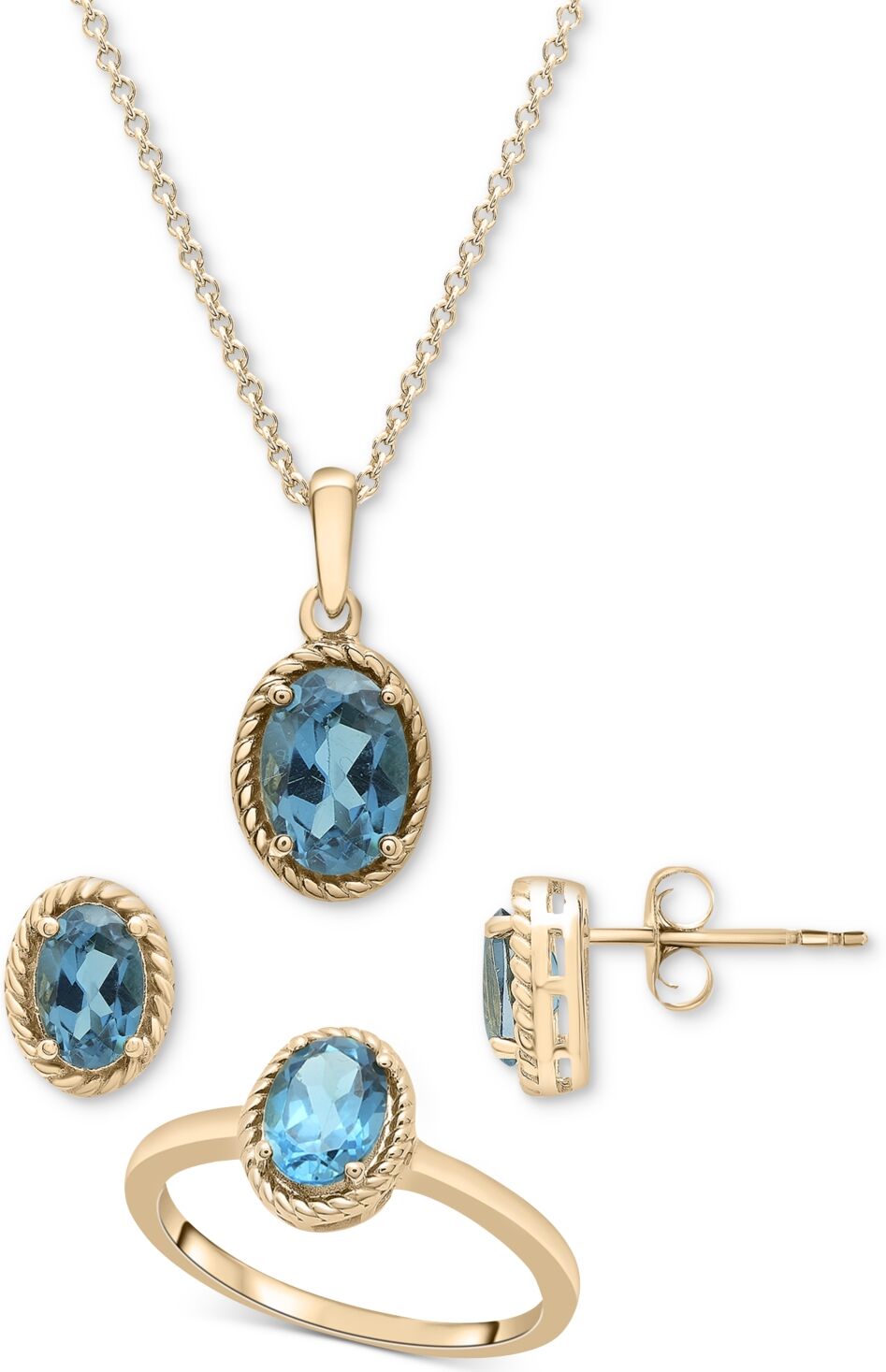 Macy's 3-Pc. Set London Blue Topaz Pendant Necklace, Stud Earrings, & Matching Ring (3-1/8 ct. t.w.) in 14k Gold-Plated Sterling Silver - London Blue Topaz