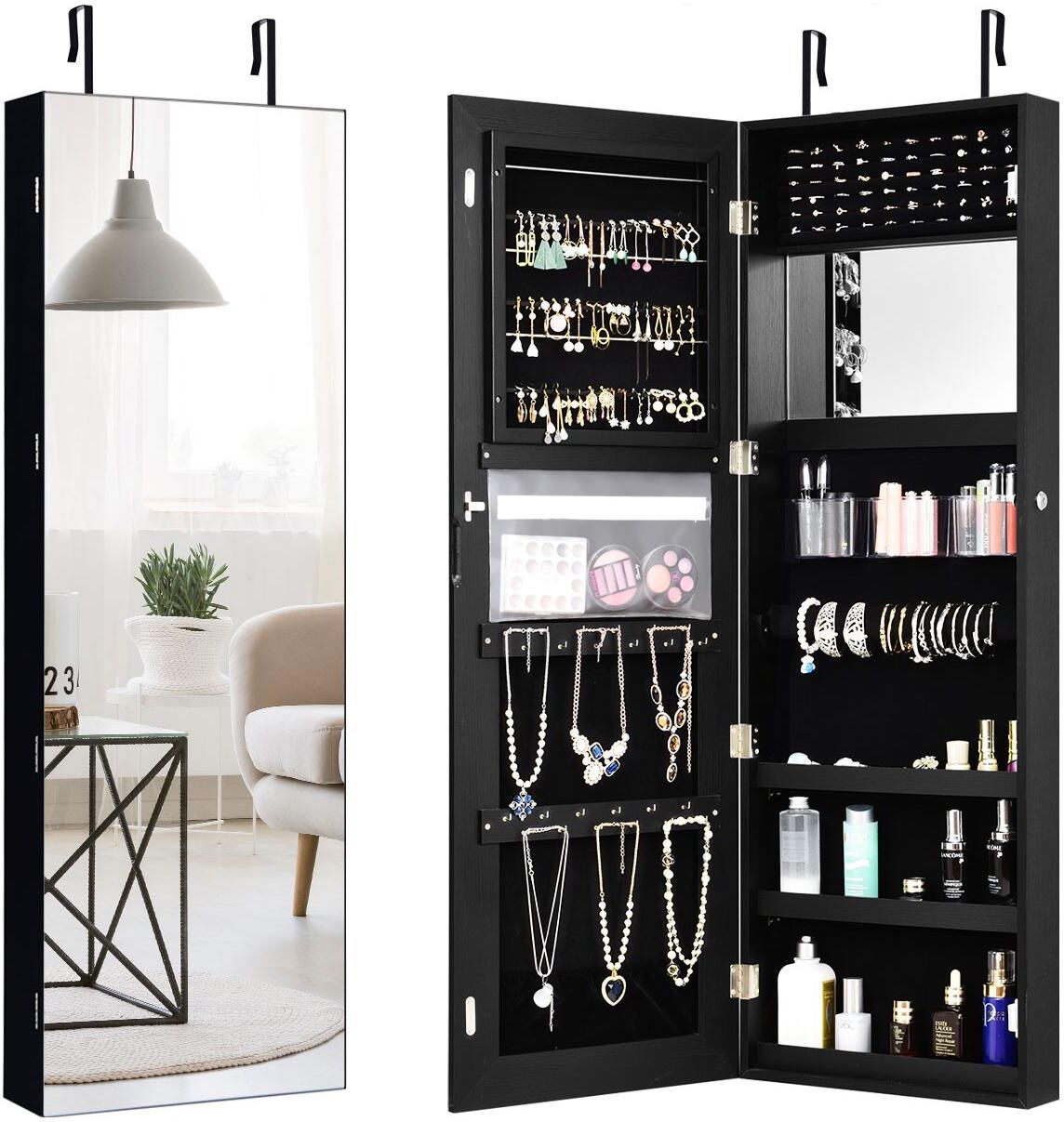 Costway Wall&Door Mounted Jewelry Cabinet Storage Organizer Mirror - Black