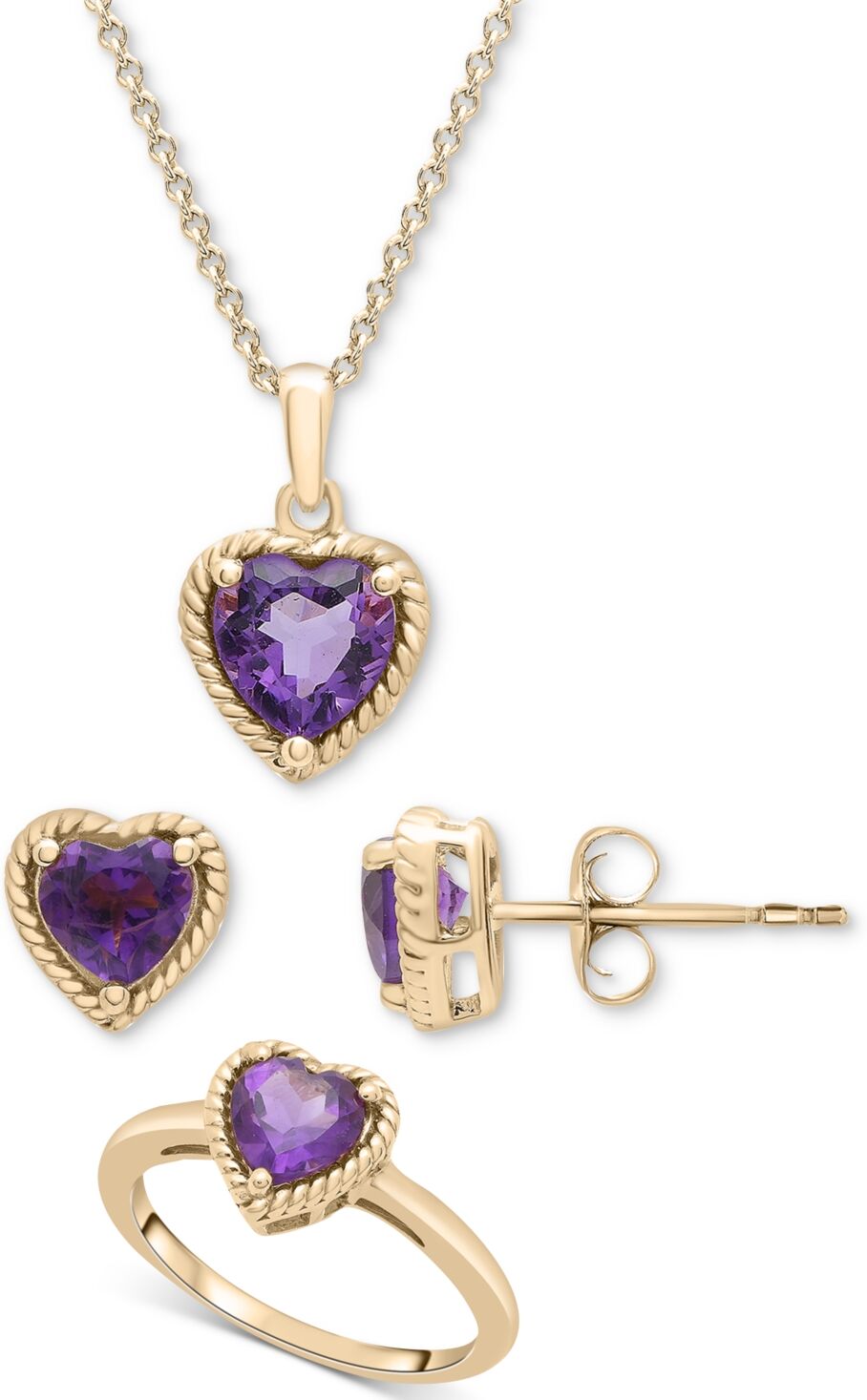 Macy's 3-Pc. Set Amethyst Heart Pendant Necklace, Stud Earrings, & Matching Ring (2-1/5 ct. t.w.) in 14k Gold-Plated Sterling Silver - Amethyst