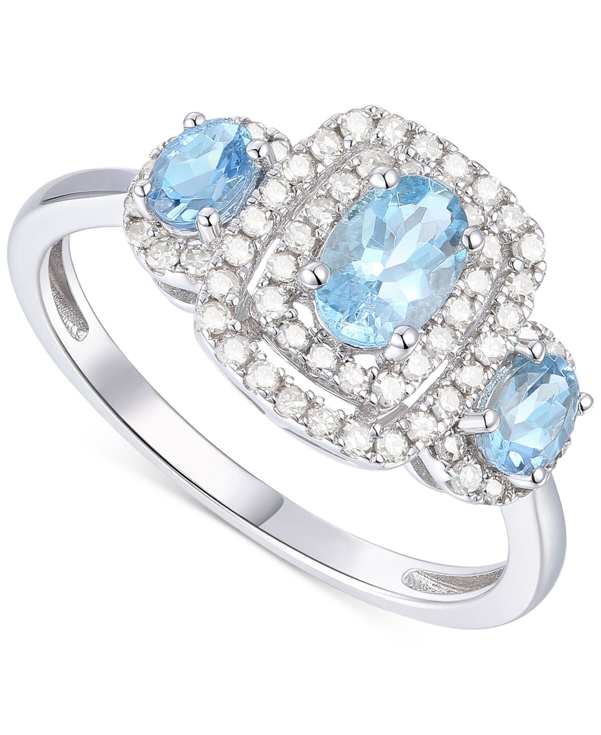 Macy's Santa Maria Aquamarine (7/8 ct. t.w.) & Diamond (1/3 ct. t.w.) Three Stone Halo Ring in 14k White Gold - Aquamarine