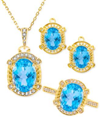 Macy's 3 Pc. Set Swiss Blue Topaz 9 1 2 Ct. T.W. Diamond 3 8 Ct. T.W. Pendant Necklace Earrings Ring In 18k Yellow Gold Plated Sterling Silver