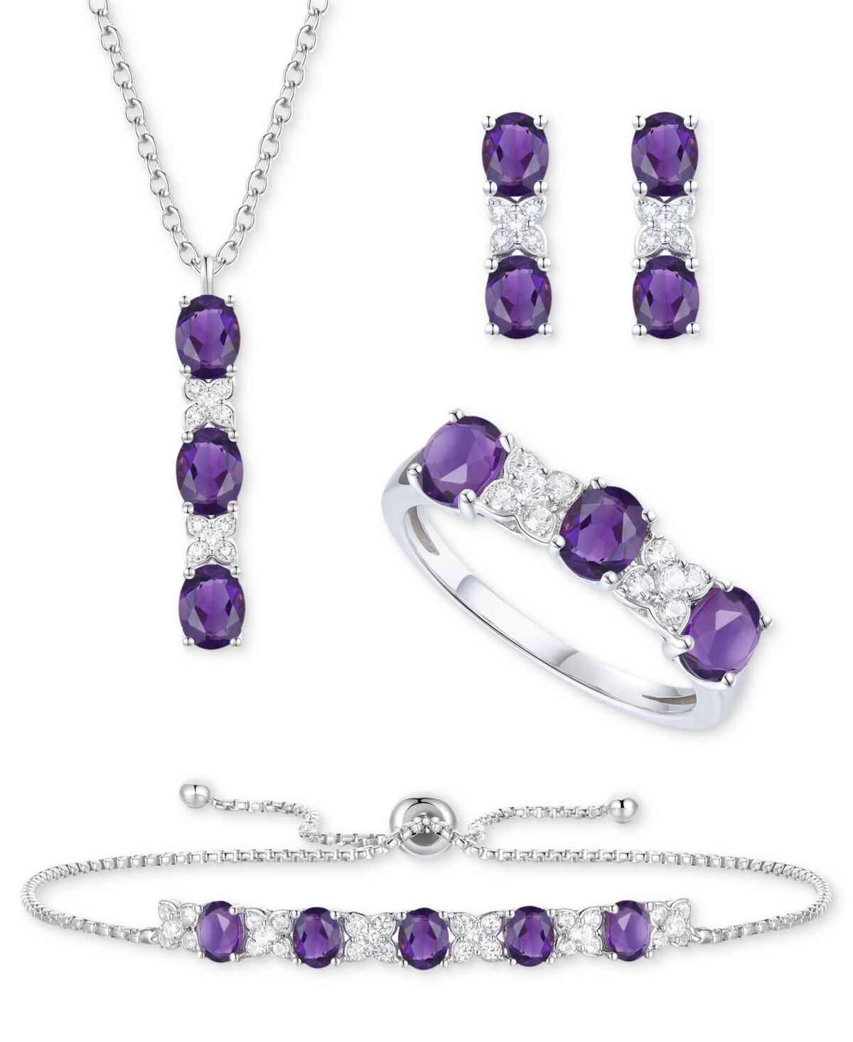 Macy's 5-Pc. Set Amethyst (4-5/8 ct. t.w.) & Lab-Created White Sapphire (3/4 ct. t.w.) Ring, Pendant Necklace, Bracelet, & Stud Earrings in Sterling Silver (