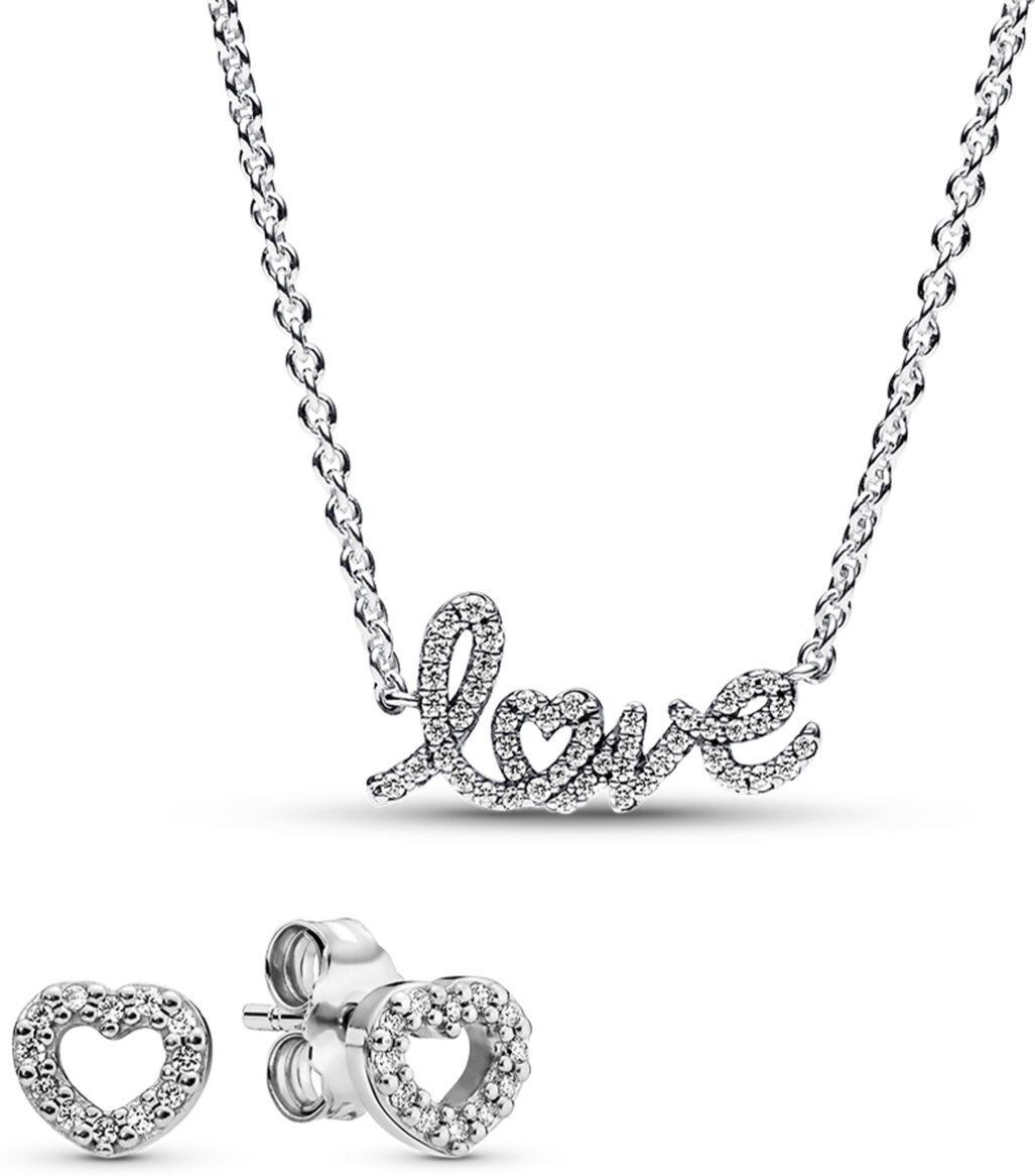 Pandora Sterling Silver Handwritten Love Necklace and Heart Shaped Studded Earrings Jewelry Gift Set - Silver