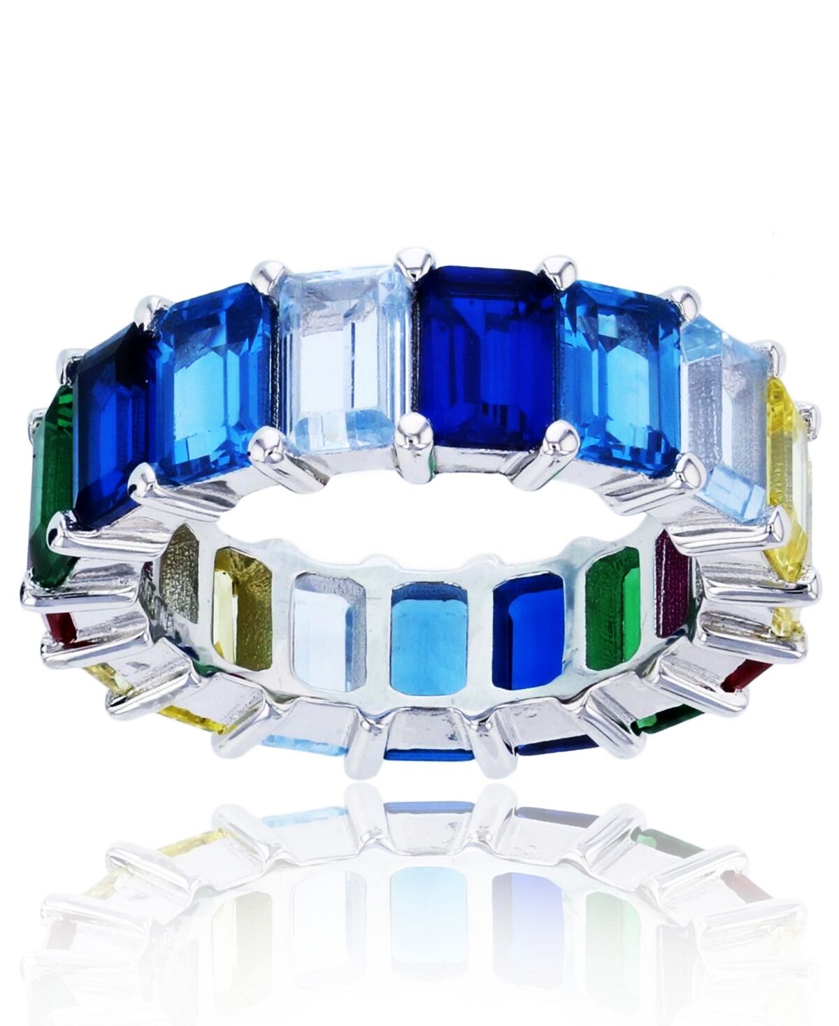 Macy's Rainbow Colored Emerald Cut Cubic Zirconia Eternity Band in Rhodium Plated Sterling Silver - Rainbow