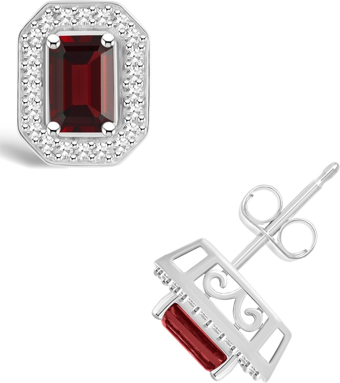 Macy's Garnet (1-2/5 ct. t.w.) and Diamond (1/5 ct. t.w.) Halo Studs in Sterling Silver - Garnet