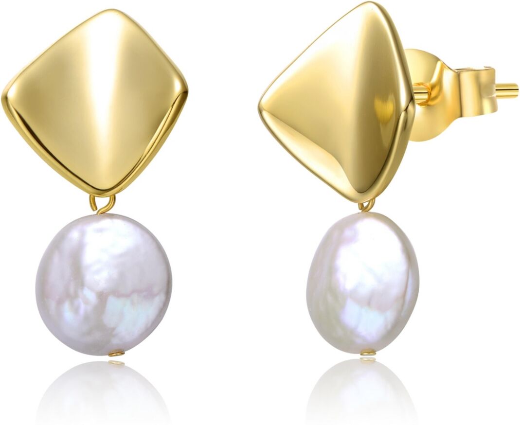 Genevive Sterling Silver 14k Yellow Gold Plated with White Coin Freshwater Pearl Drop Double Dangle Geometric Earrings - Gold