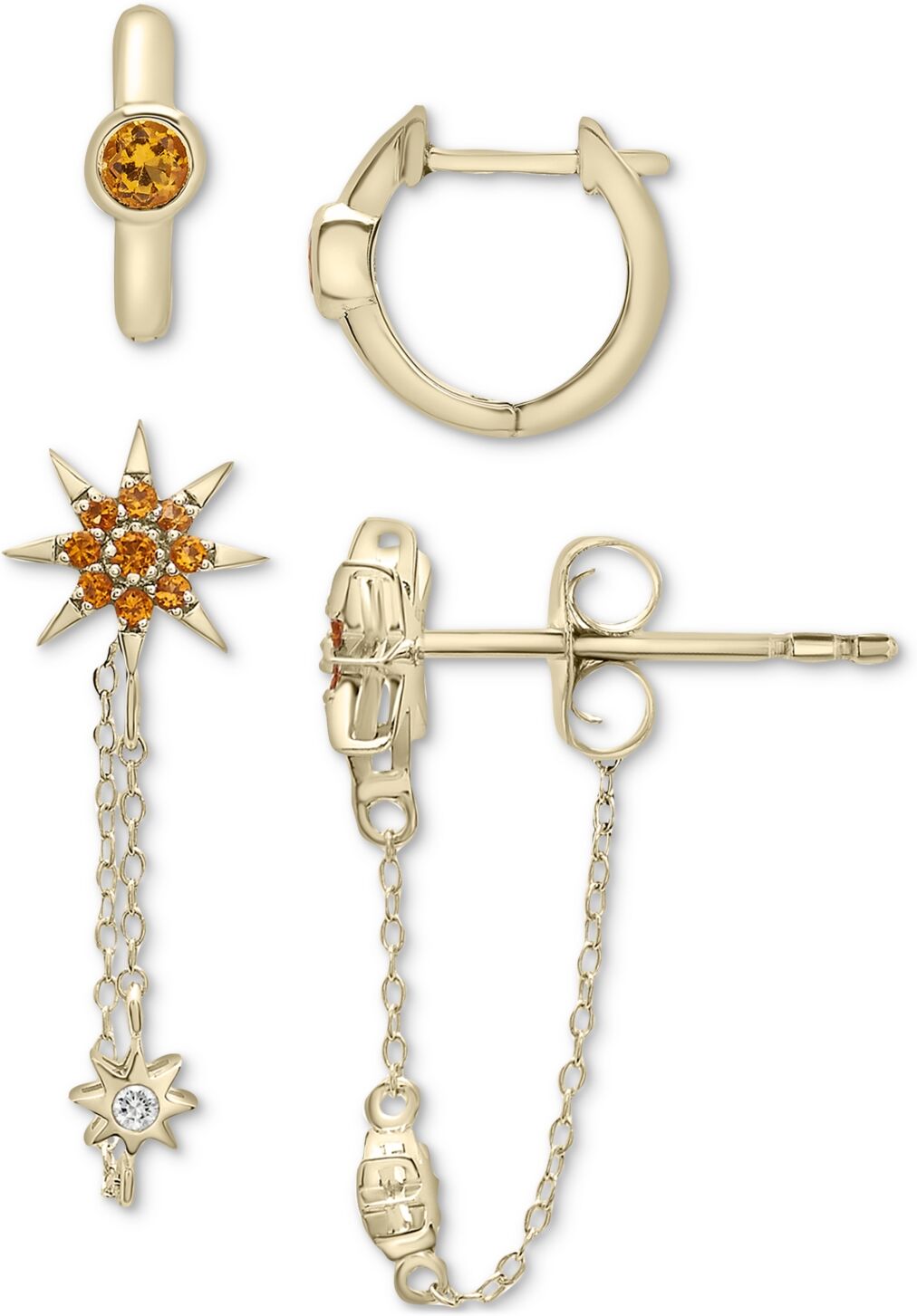 Macy's 2-Pc. Set Citrine (3/8 ct. t.w.) & Lab-Created White Sapphire (1/20 ct. t.w.) Huggie Hoop and Chain Drop Earrings in 14k Gold-Plated Sterling Silver -