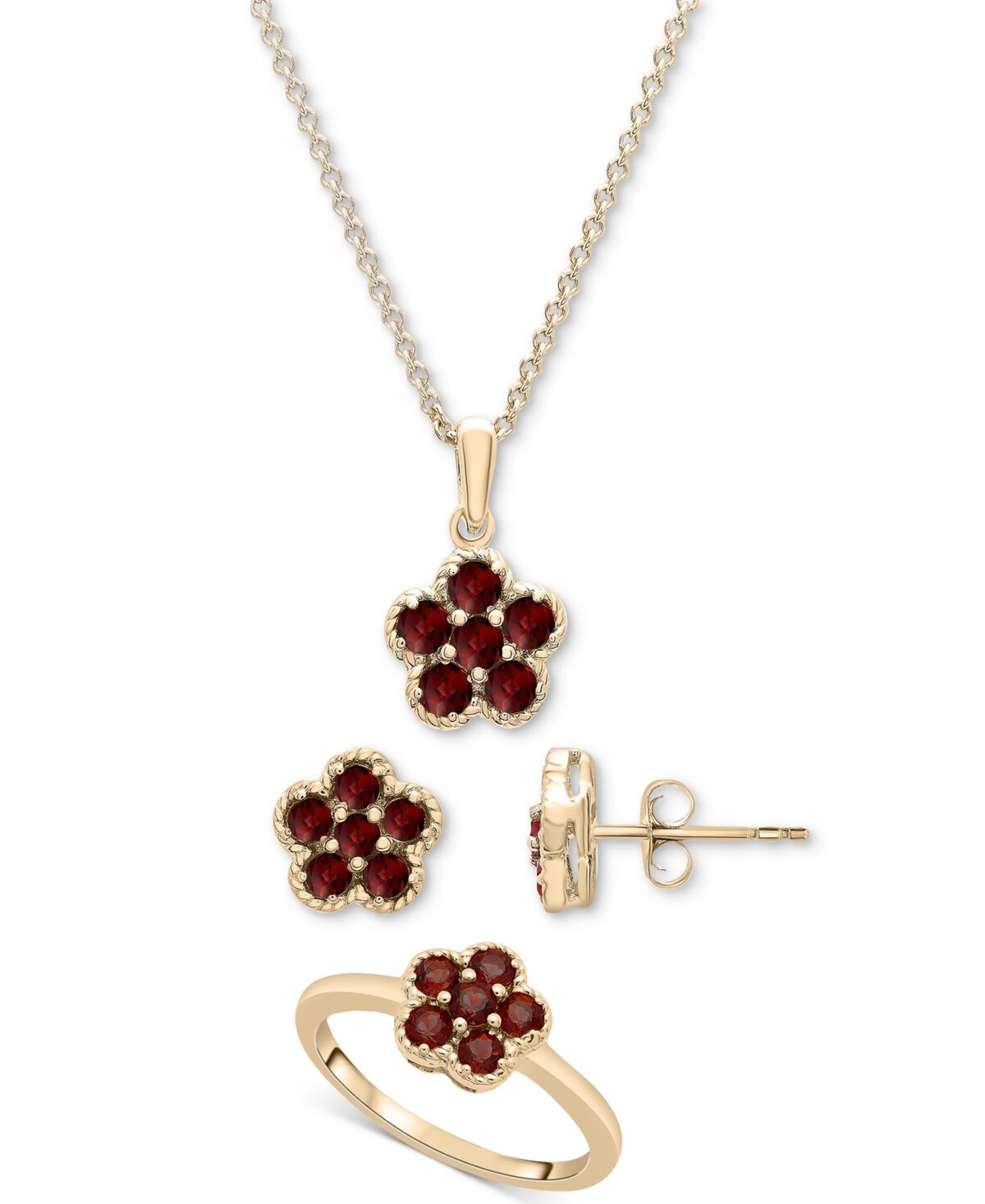 Macy's 3-Pc. Set Garnet Flower Pendant Necklace, Matching Ring & Stud Earrings (1-1/2 ct. t.w.) in 14k Gold-Plated Sterling Silver - Garnet