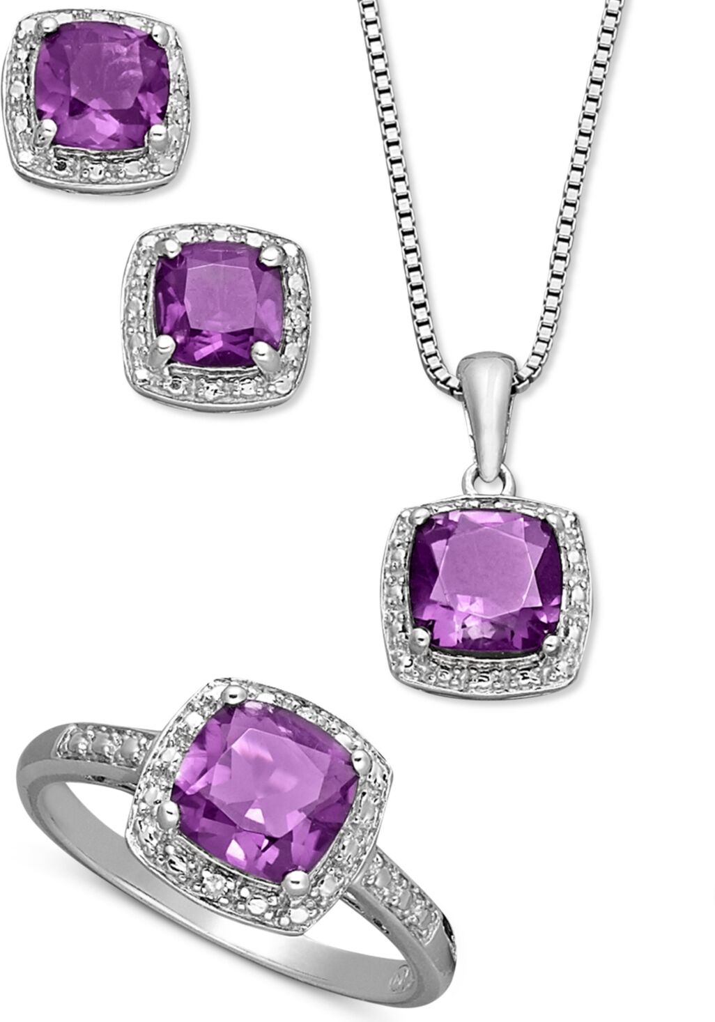 Macy's Sterling Silver Jewelry Set, Cushion Cut Amethyst Pendant, Earrings and Ring Set (4-1/3 ct. t.w.) - Purple