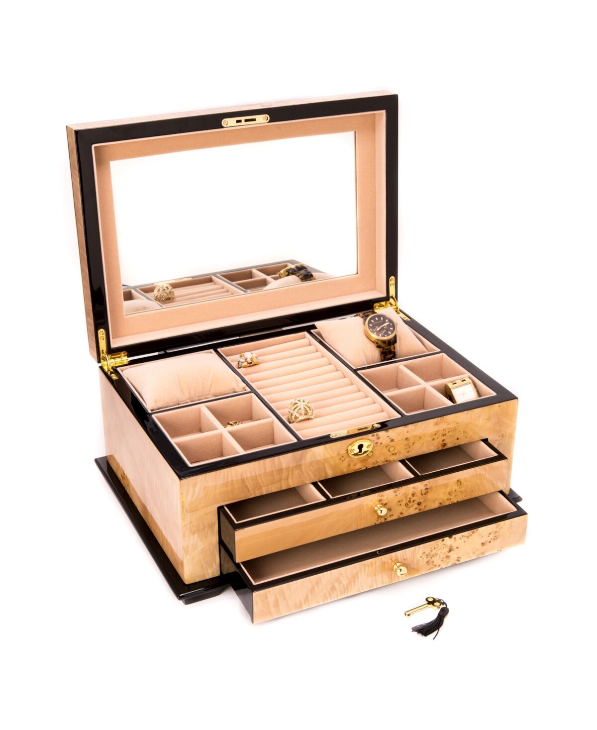 Bey-Berk Birdseye Maple 3 Level Jewelry Box with Gold tone Accents and Locking Lid - Multi