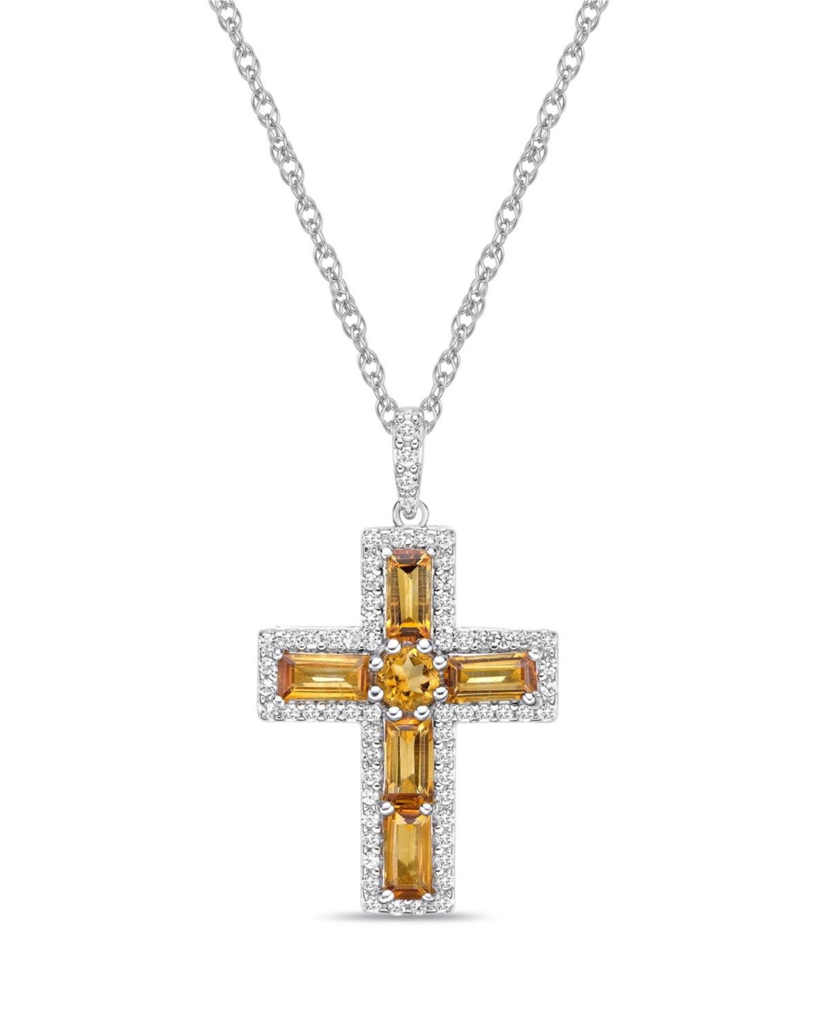 Macy's Sterling Silver Halo Birthstone Style Genuine Citrine and White Topaz Fancy Cut Cross Pendant Necklace - Citrine