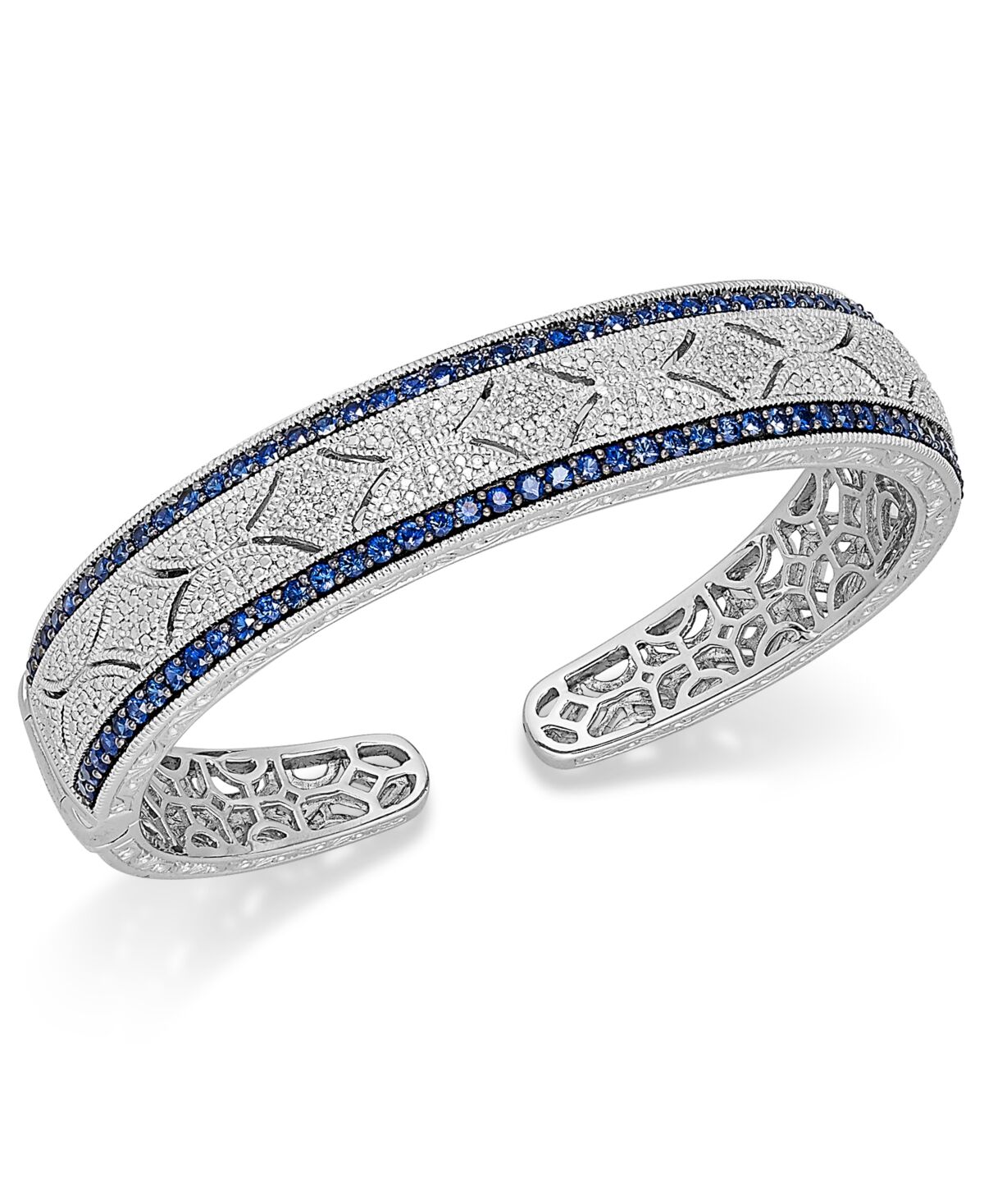 Macy's Sapphire (2-3/8 ct. t.w.) and Diamond (1/10 ct. t.w.) Antique Cuff Bracelet in Sterling Silver (Also available in Emerald and Ruby) - Sapphire