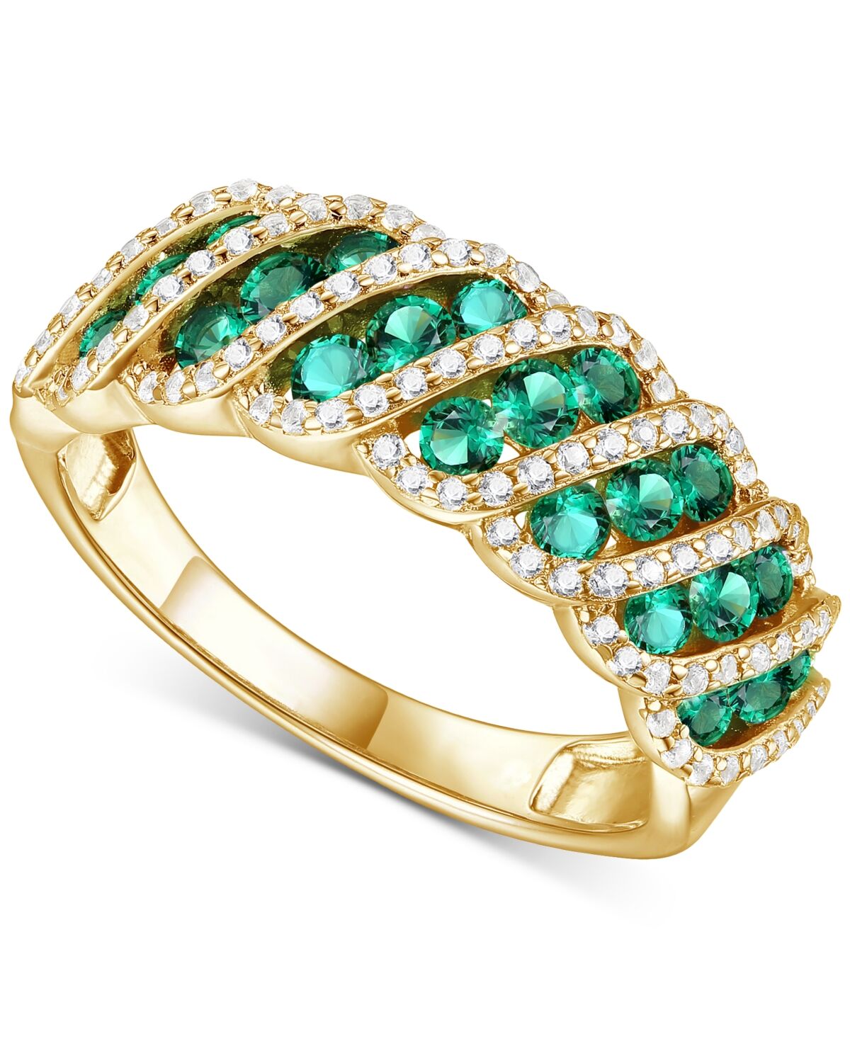 Macy's Lab-Created Emerald (3/4 ct. t.w.) & Lab-Created White Sapphire (3/8 ct. t.w.) Diagonal Row Statement Ring in 14k Gold-Plated Sterling Silver - Emeral