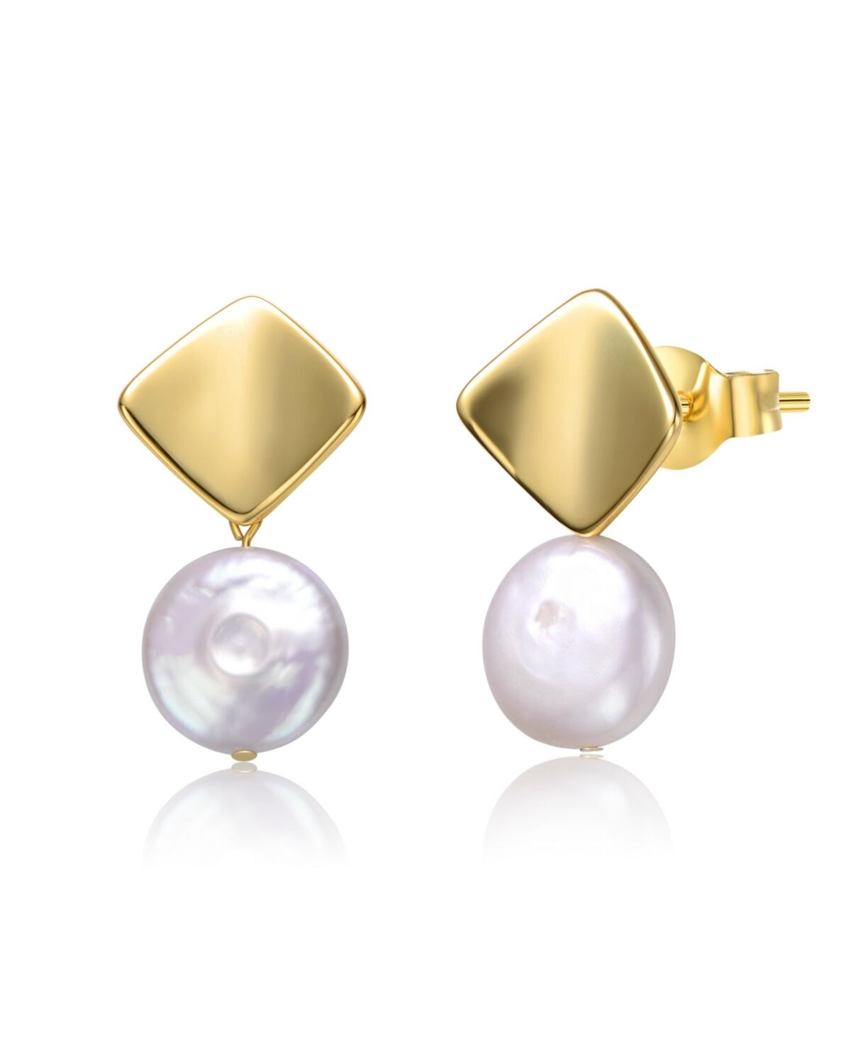 Genevive Sterling Silver 14k Yellow Gold Plated with White Coin Fresh water Pearl Double Dangle Square Earrings - Gold