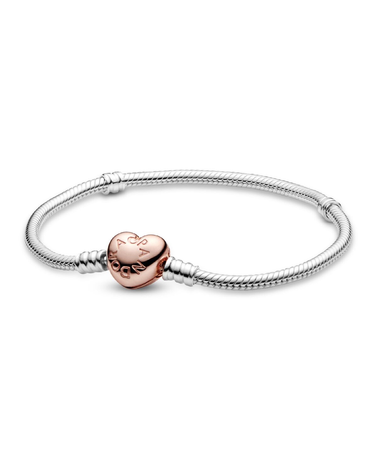 Pandora Moments Sterling Silver and 14K Rose Gold-Plated Heart Clasp Snake Chain Bracelet - Silver