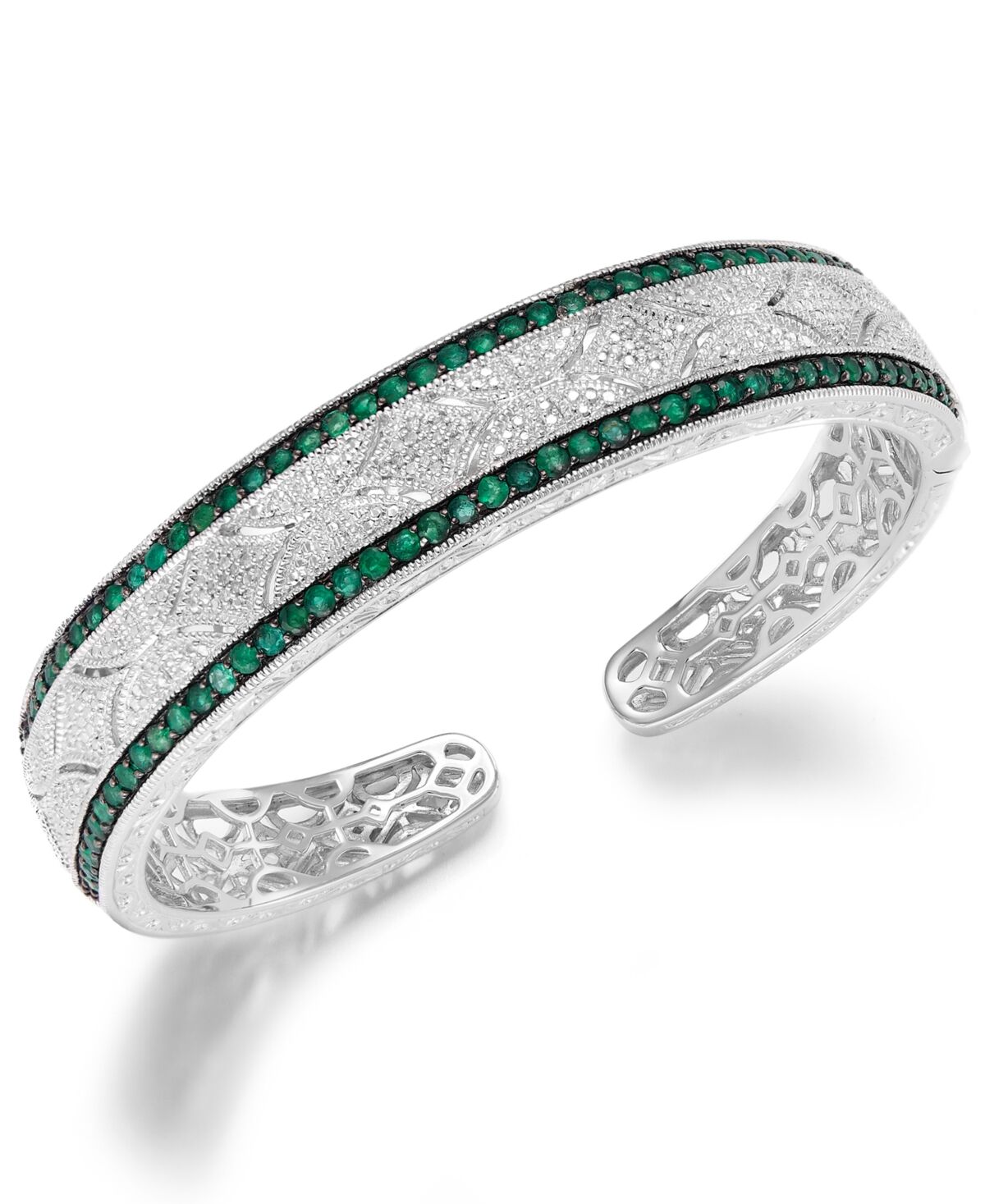Macy's Sapphire (2-3/8 ct. t.w.) and Diamond (1/10 ct. t.w.) Antique Cuff Bracelet in Sterling Silver (Also available in Emerald and Ruby) - Emerald