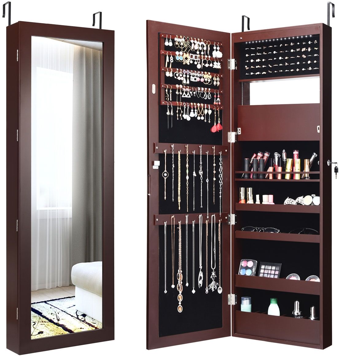 Costway Wall Door Mounted Mirror Jewelry Cabinet Organizer - Brown