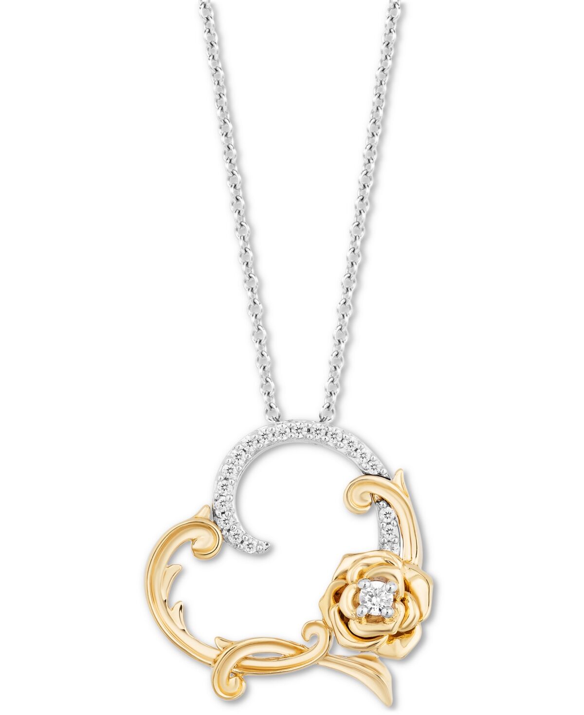 Disney Enchanted Disney Fine Jewelry Diamond Rose & Heart Belle Pendant Necklace (1/10 ct. t.w.) in Sterling Silver & 14k Gold, 16