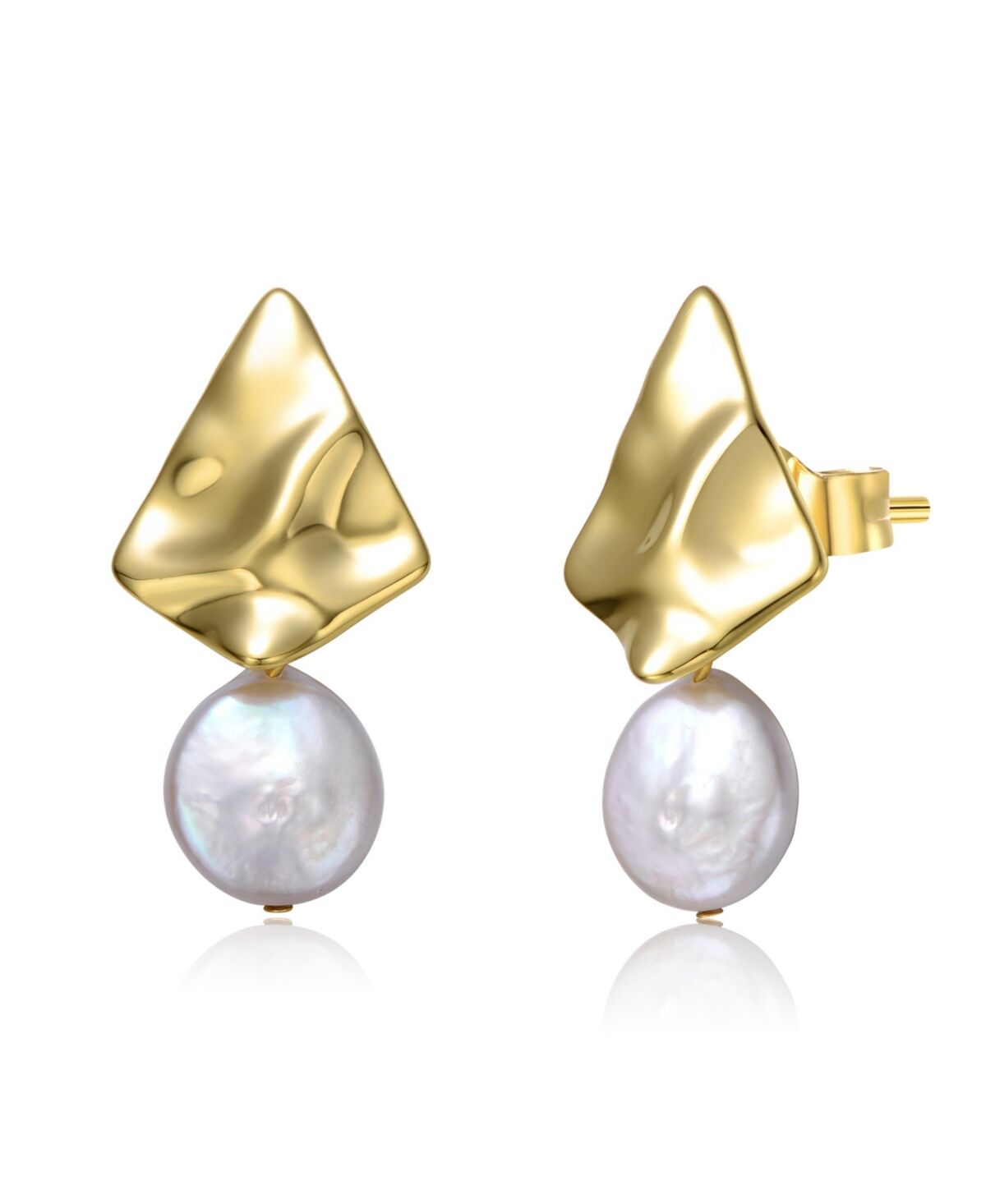 Genevive Sterling Silver 14k Yellow Gold Plated with White Coin Freshwater Pearl Drop Geometric Rippled 3D Double Dangle Earrings - Gold