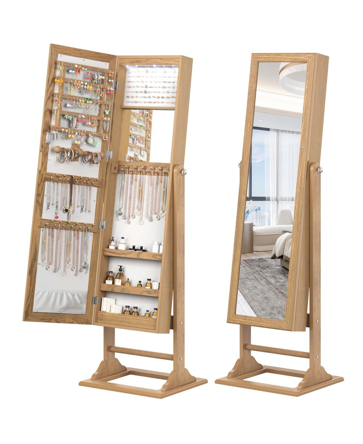 Costway Jewelry Cabinet Full-Length Mirror Lockable Jewelry Armoire with 6 Lights - Natural