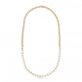 Allurez White Cultured Pearl String Rolo Link Necklace 14k Rose Gold