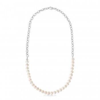 Allurez White Cultured Pearl String Rolo Link Necklace 14k White Gold