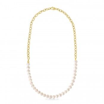 Allurez White Cultured Pearl String Rolo Link Necklace 14k Yellow Gold