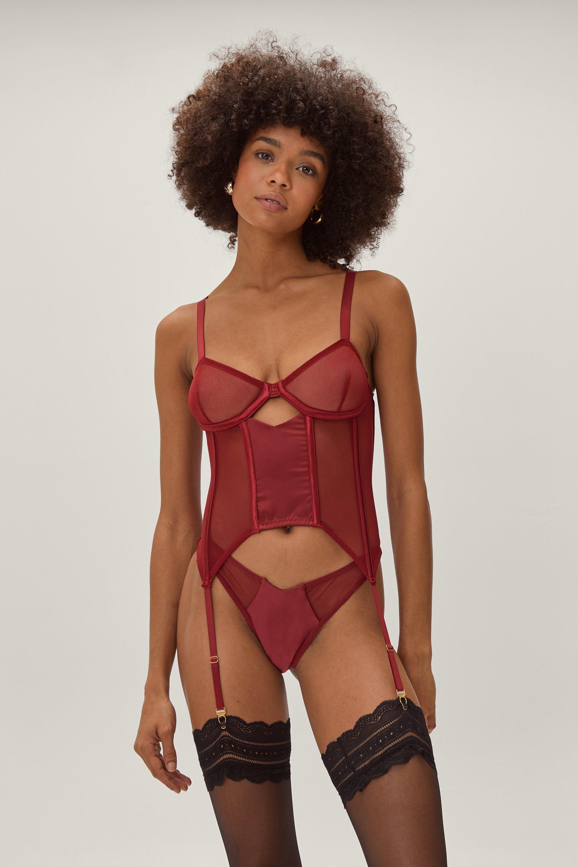 Nasty Gal Womens Mesh Longline Corset Bralette and Thong Set - Red - 14, Red