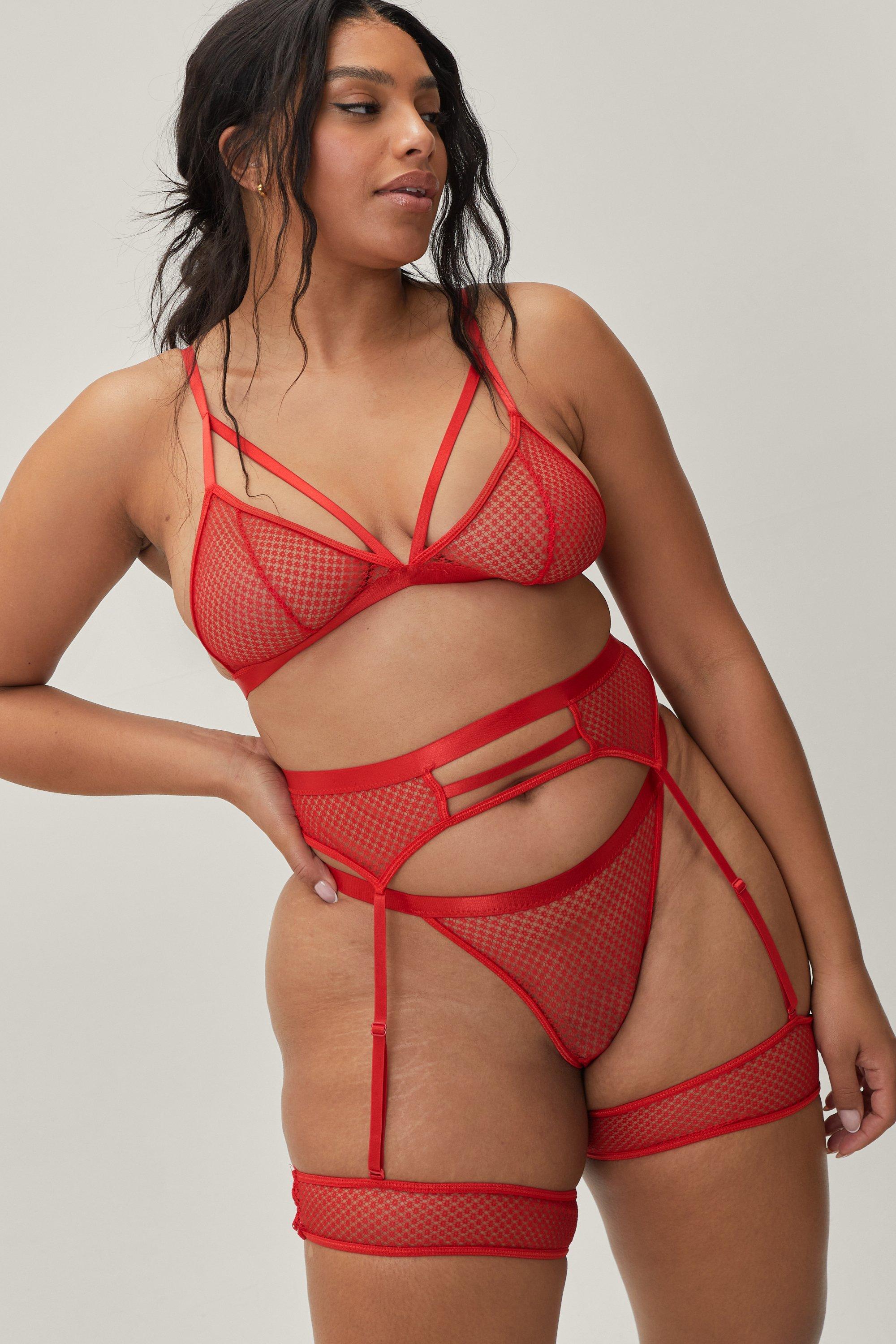 Nasty Gal Womens Plus Fishnet Lace Triangle Harness 3pc Set - Red - 16, Red