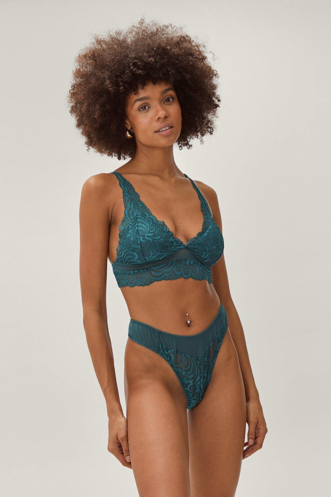 Nasty Gal Womens Lace V Neck Bralette and Knickers Set - Green - 8, Green